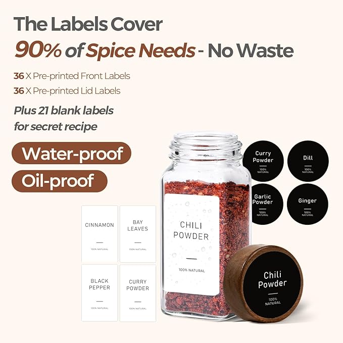 ComSaf 24Pcs (4Oz) Glass Spice Jars with Label, Airtight Seasoning Containers with Lid for Home Cooks to Organizing Herbs, Sugar, Pepper, Salt, Glass Spice Bottles Organize Cabinet & Drawer