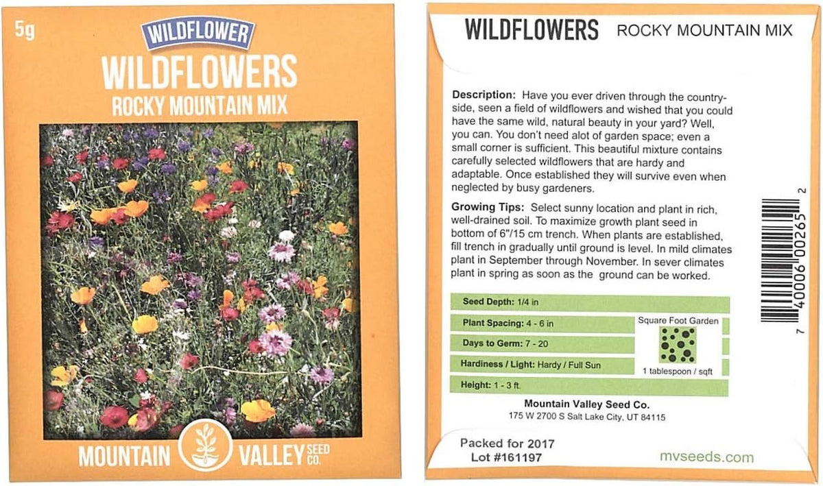 Rocky Mountain Wildflower Seed Mix - 5 Gram Packet - 22 Wild Flower Seed Varieties - Annuals, Perennials and Bi-Annuals - Flower Garden