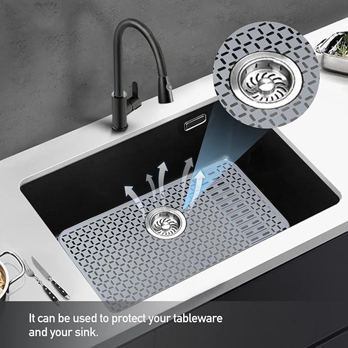 Silicone Sink Mat 28.4''x15.2'' Kitchen Sink Protector With DIY Drain Hole, Grey Farmhouse Silicone Protector 1pcs Kitchen Sinks Accessories