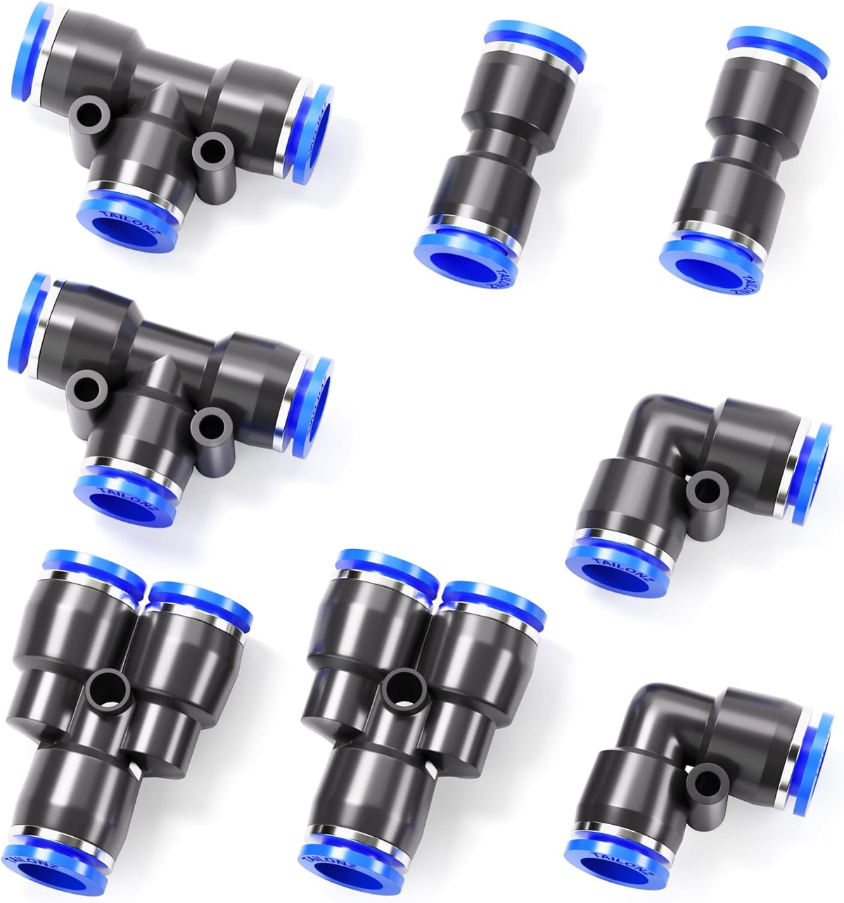 TAILONZ PNEUMATIC 1/4 Inch od Push to Connect Fittings Pneumatic Fittings Kit 2 Spliters+2 Elbows+2 tee+2 Straight (8 pcs)