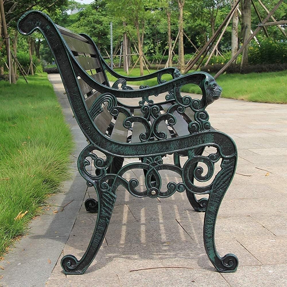 Outdoor Park Garden Bench with Cover, 2-3 Person Wood Patio Bench with Backrest+Armrests Weatherproof, Patio Porch Furniture Cast Iron Frame Bench for Lawn Porch Backyard(Brown+Antique Green)