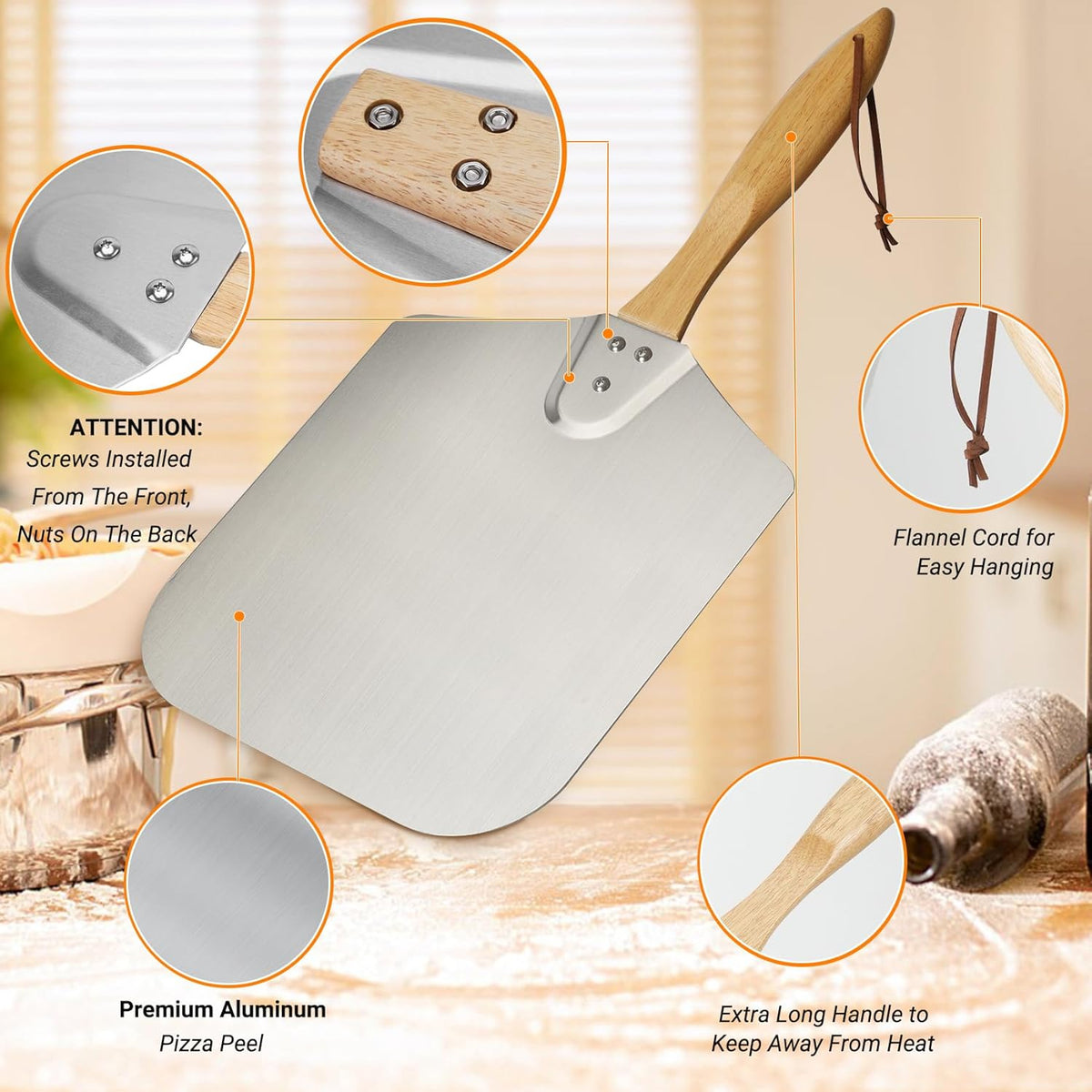 Skyflame Kitchen Supply Aluminum Pizza Peel with Wooden Handle 12 Inch x 14 Inch, Pizza Paddle for Baking Homemade Pizza Bread