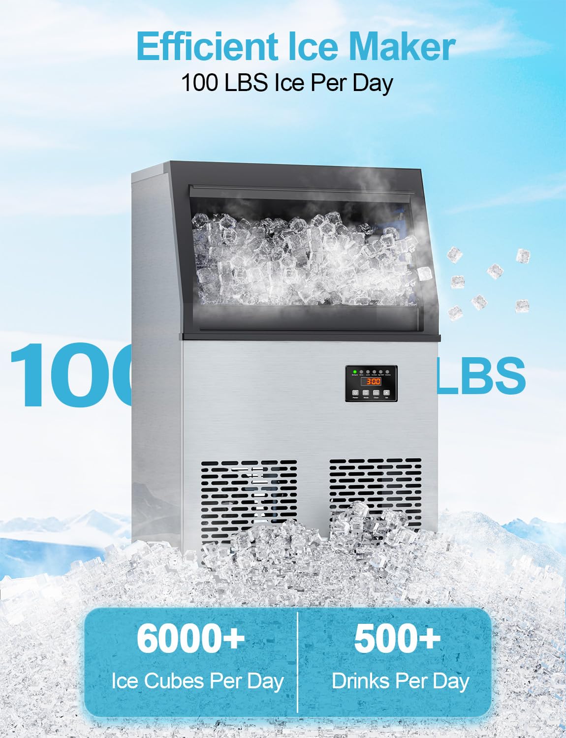 Commercial Ice Maker Machine, 100 lbs/24H Under Counter Ice Machine with 34lbs Ice Storage, Stainless Steel Freestanding Ice Makers for Home Bar Restaurant Outdoor, 45 Ice Cubes