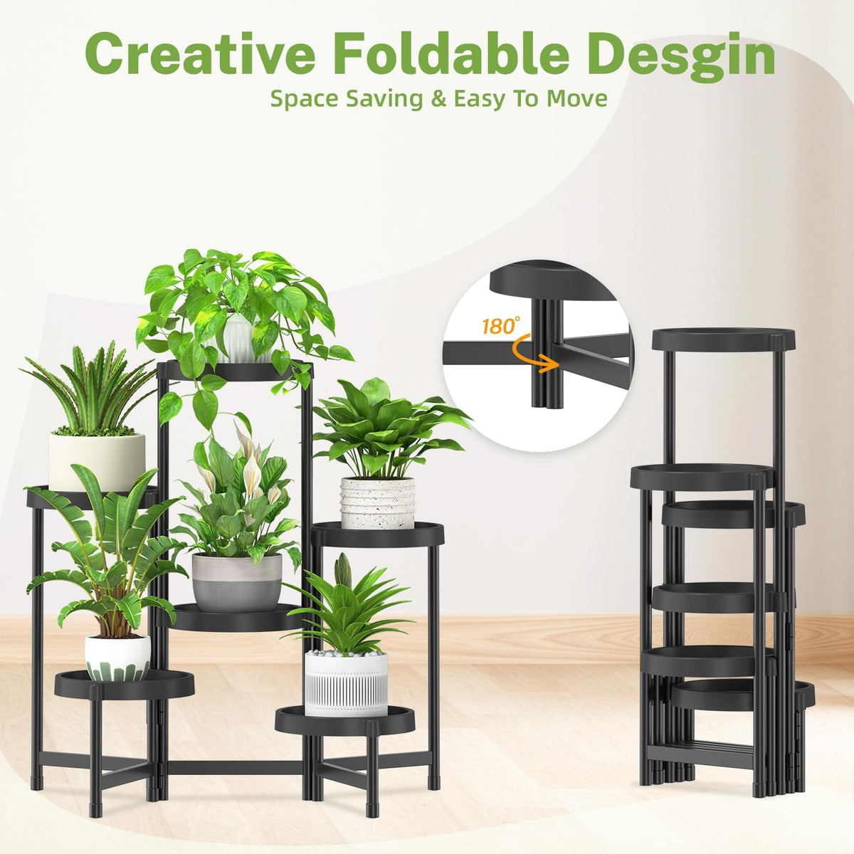 iDavosic.ly 6 Tier Folding Plant Stand Indoor Outdoor with Plastic Tray, Tiered Corner Flower Holder Shelf, Metal Orchid Display Rack for Patio Porch Living Room Garden Balcony, Modern Black