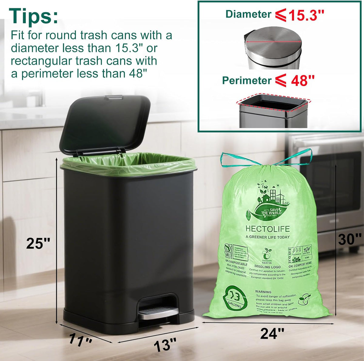 13 Gallon,100 Count, Compostable Trash Bags with Drawstring,Tear Resistant Kitchen Food Scrap Waste Bag, ASTM D6400, US BPI and Europe OK Compost Home Certified