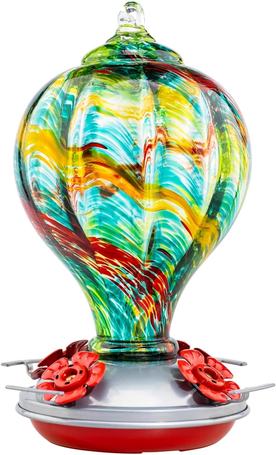 Muse Garden Hummingbird Feeders Blown Glass Hummingbird Feeder, Garden Backyard Decor for Outside, 32OZ, Rainbow Spirit