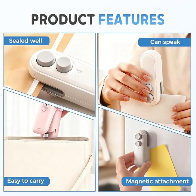 Mini Bag Sealer, Upgraded 2 in 1 Mini Bag Sealer with Cutter and Magnet, Magnetic Portable Plastic Bag Sealer for Snacks, Chips, Food Freshness Storage (1, White)