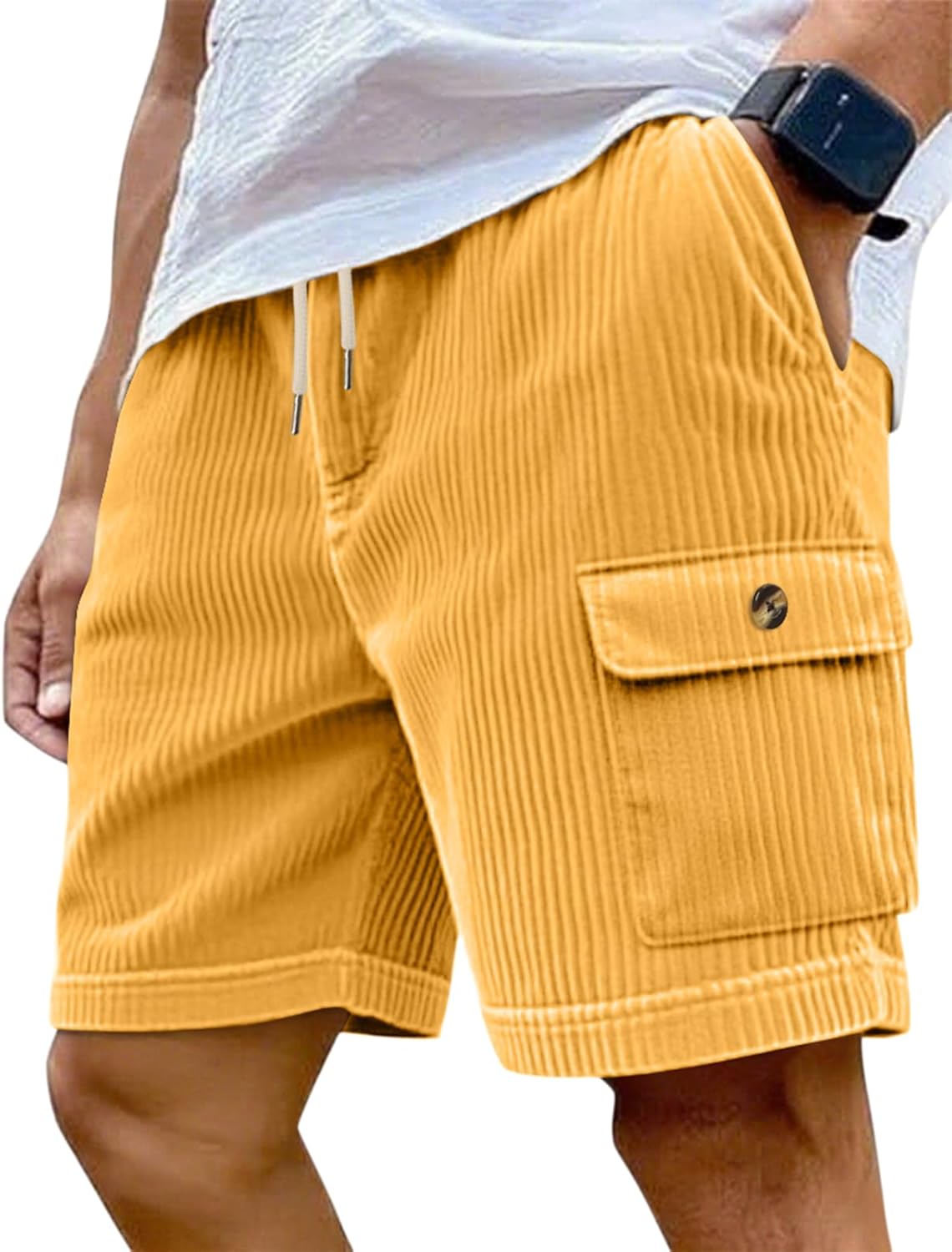 Mens Cargo Shorts Casual Drawstring Elastic Waist Corduroy Summer Beach Shorts with Pockets