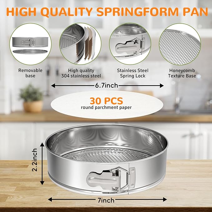 ZeroPone 7 Inch 304 Stainless Steel Springform Pan with Removable Bottom, Nonstick Round Spring Form Cheesecake Pan with 30 Pcs Parchment Paper Liners