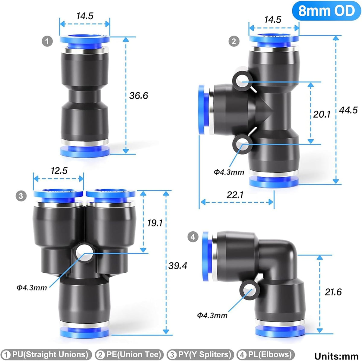 TAILONZ PNEUMATIC 5/16 inch or 8mm od Push to Connect Fittings Pneumatic Fittings Kit 2 Spliters+2 Elbows+2 tee+2 Straight (8 pcs)