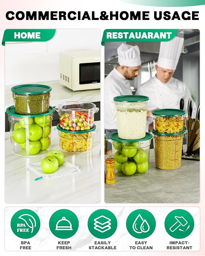 4QT NSF Round Food Storage Containers with Lids: 4 PCS [Total Food Grade][Hot&Cold Resistant] Dough Proofing Container for Pizza, Bread with Measuring Spoons Included(BPA FREE) (GREEN)