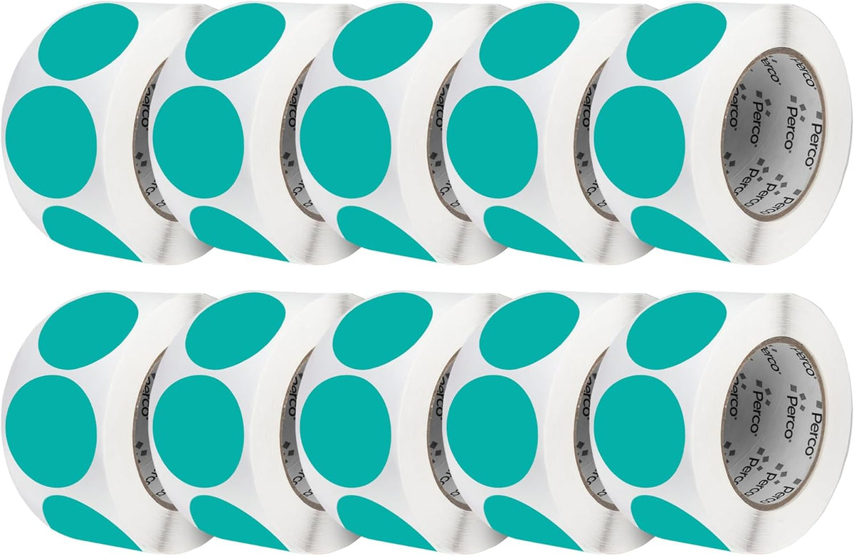 Perco Teal 3-Inch Perforated Circle Dot Sticker Labels — 10 Rolls, 5,000 Round Stickers — with Permanent Adhesive for Moving Boxes, Sale Signage, Displays, Status Messaging—Made in USA