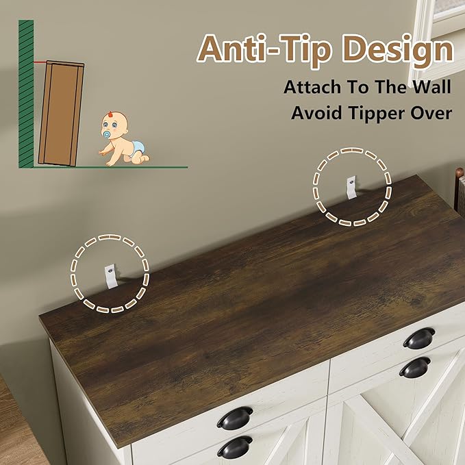 Furniouse Farmhouse Trash Can Cabinet, Double Tilt Out Trash Bin Cabinet with Barn Doors & Hideaway Drawers for Kitchen, Antique White