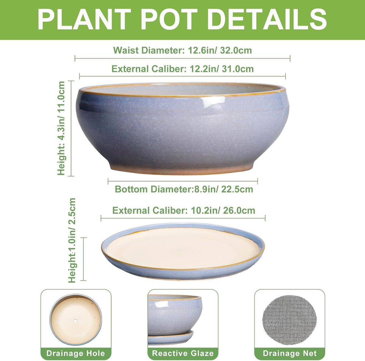 SQOWL 12 Inch Bonsai Pots - Shallow Ceramic Planter for Indoor Plants Outdoor, Large Succulent Pots with Drainage Hole and Saucer, Round Planter Bowl, Porch Decor, Gifts for Plant Lover, Blue