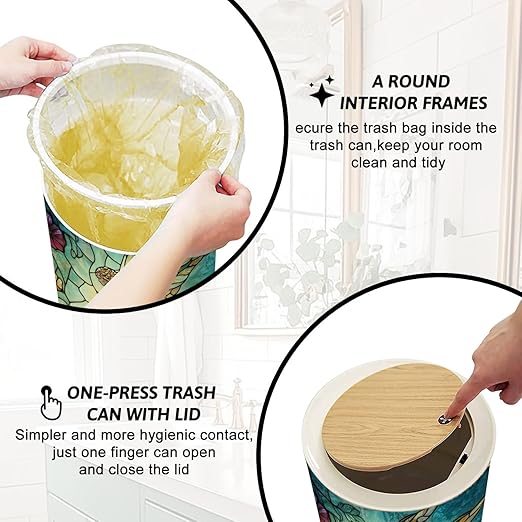 Trash Can with Lid Fairyland Stained Glass Art Opalescent Fairy Press Top Round Small Garbage Bin with Wooden Legs Waste Basket for Kitchen Bedroom Nursery 7L/1.8 Gallon