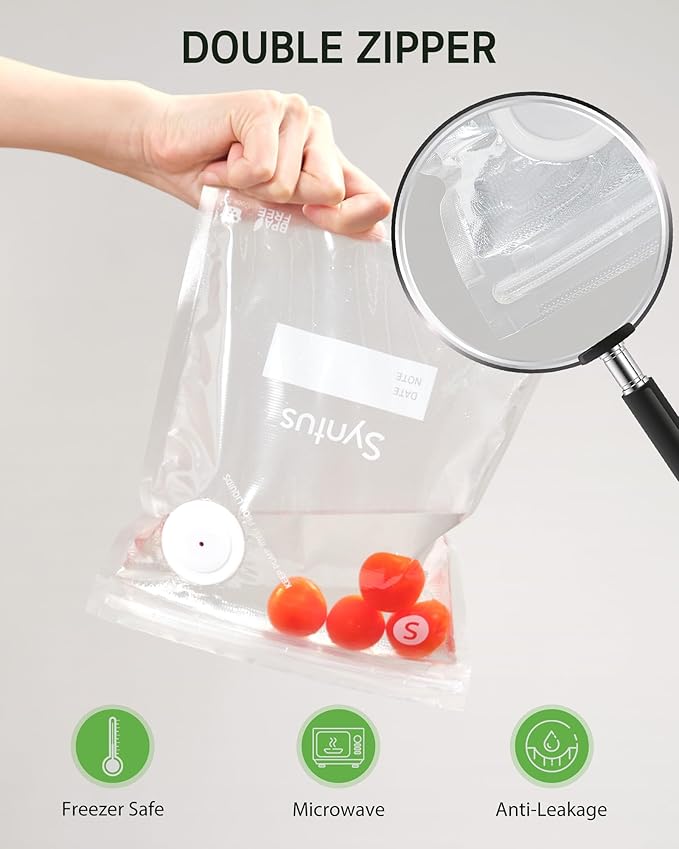 Syntus Vacuum Sealer Bags for Food, 30 Pcs Small Size 8" x 10" and Medium Size 10" x 13.8" Food Storage Bags for Sous Vide Cooking Microwave Heating, Air Valve Zipper Bags & Zip Clips