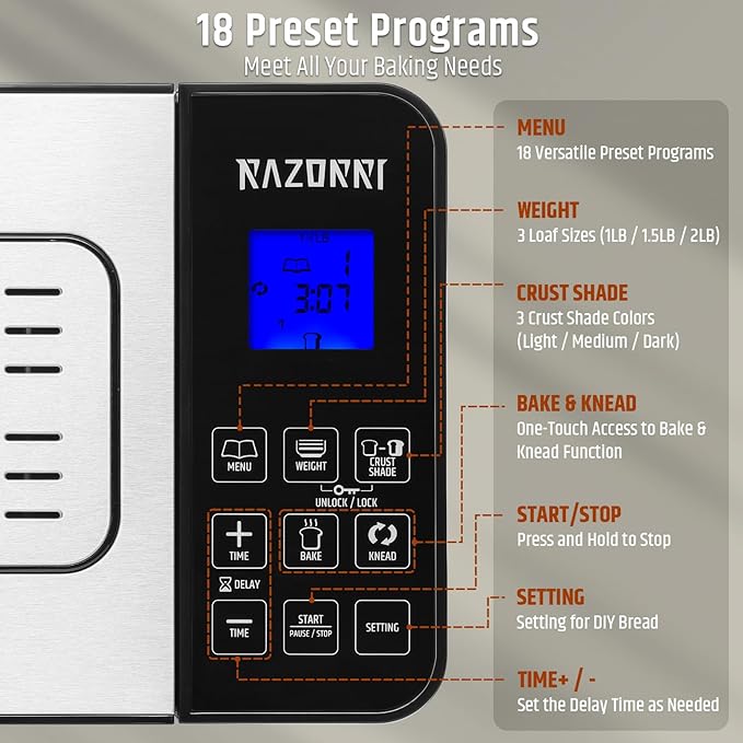 Razorri Bread Maker Machine, 2LB 18-in-1 Programmable Stainless Steel Homemade Bread Machine with Gluten-Free, Auto Nut Dispenser, 15H Delayed-start, 1H Keep Warm, 3 Crust Colors and 3 Loaf Sizes