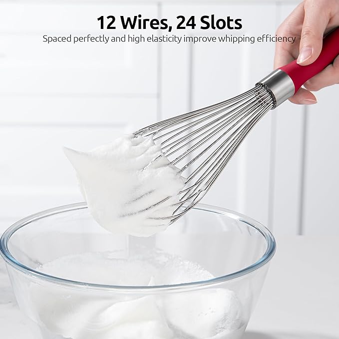 U-Taste 18/8 Stainless Steel Measuring Cups and Spoons (Set of 10, Red), and 18/10 Stainless Steel Balloon Whisk for Kitchen Cooking with 12 Flex Wires (Red)