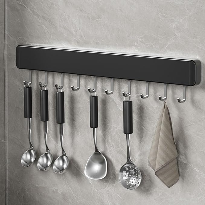 Kitchen Utensil Hanger Wall Mounted Hooks, No Drilling Removable and Adjustable Hooks Kitchen Rail with 8 Hooks for Hanging Cooking Utensils, Mugs, Spoons (12 Hooks)