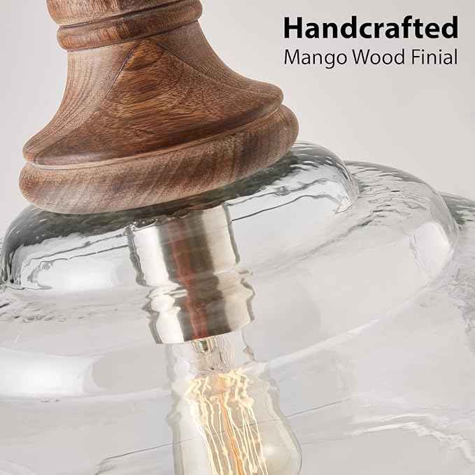 Capital Lighting 330318GY Julian Coastal Style Clear Organic Rippled Glass Pendant with Handcrafted Mango Wood Finial, 1-Light 60 Watt, 16" H x 14" W, Grey Wash