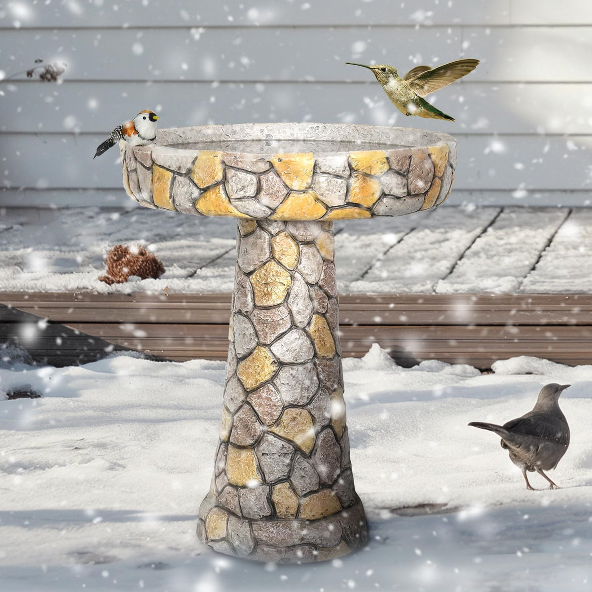 Outdoor Bird Bath - 24" H * 18.8" Φ Mosaic Stone Design BirdBath Perfect for Adding Interest to Your Garden, Patio, Backyard, Porch