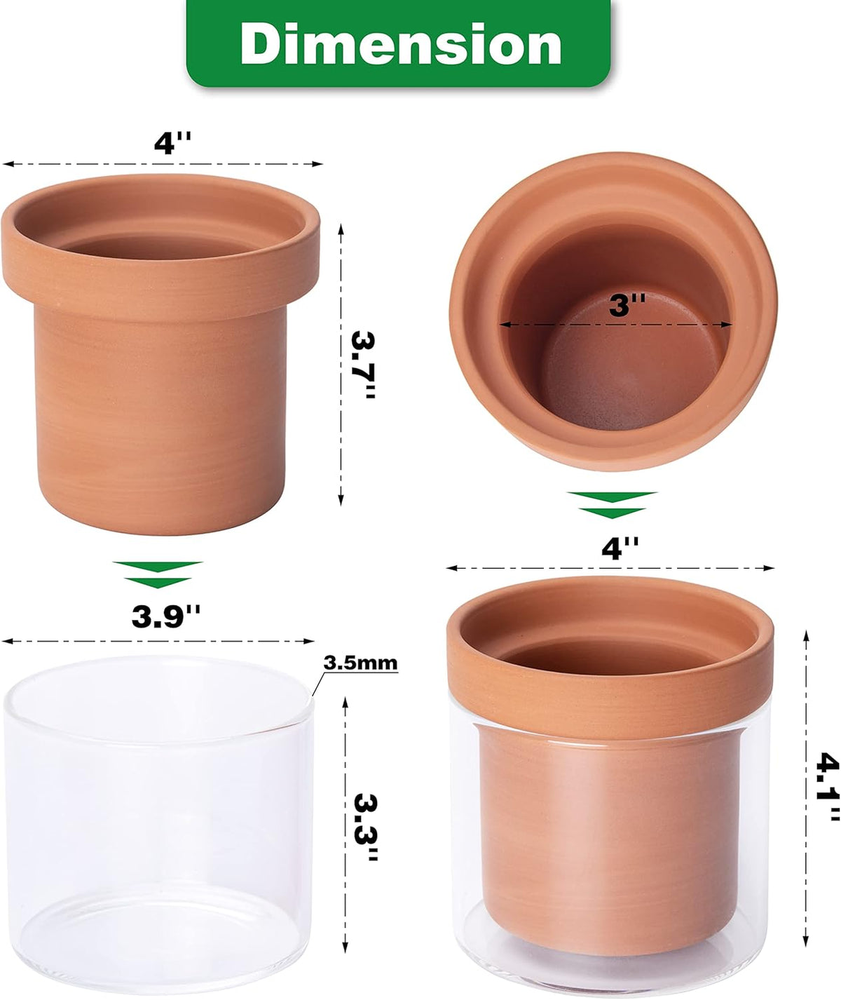 Phoenix Vine 4 Inch Self Watering Planter Pot, Terracotta Clay Pot with Glass Reservoir for Indoor Plants, Herbs, Flowers, Set of 1, 52-A-E-1