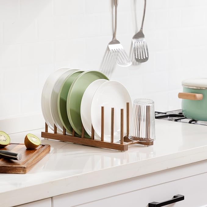 HBlife Acacia Wooden Dish Dying Rack Pot Lid Plate Organizer Holder for Cabinet, Cutting Board Stand Drainer Storage Plate Rack for Dish, Pot Lid, Bowl, Cup, Cutting Board and Books