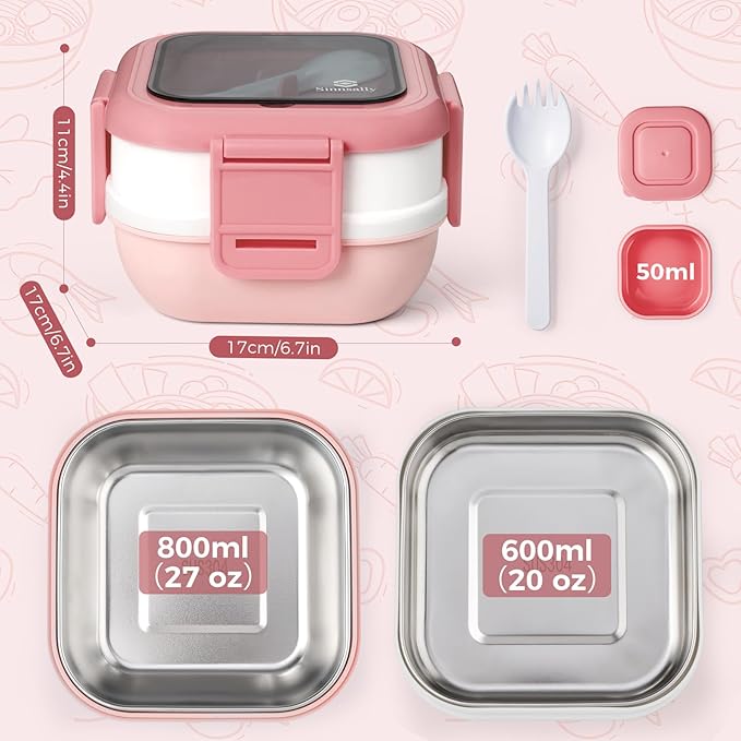 Sinnsally Bento Box Adult Lunch Box with Stainless Steel Container,Metal Lunchable Food Storage Container with Sauce Jar (Pink)
