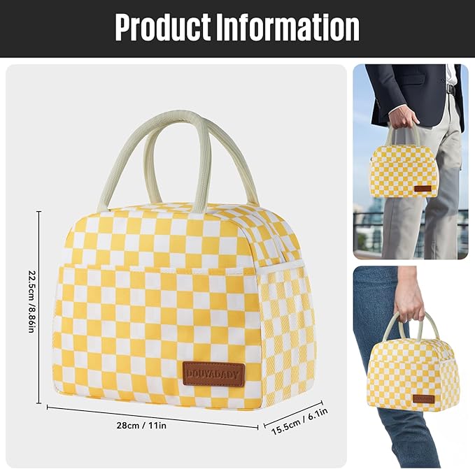 douyadady Lunch Bag Women/Men Lunch Box Women/Men (Yellow+White Checkerboard)