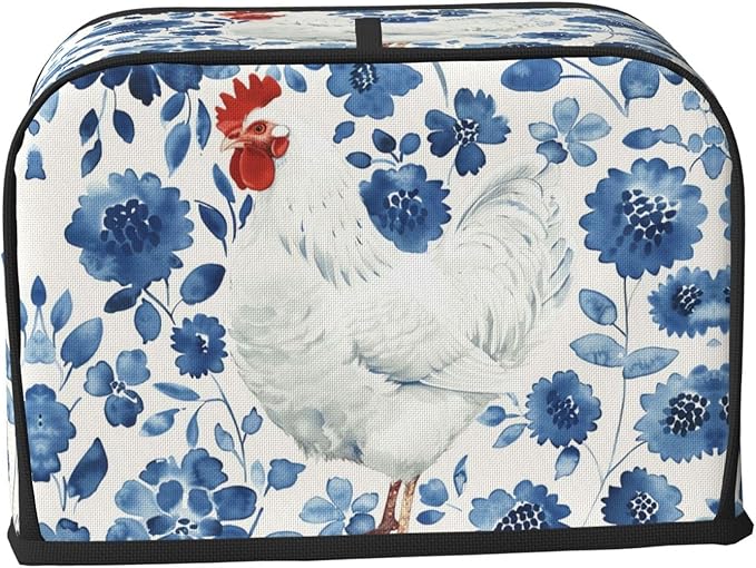 White Rooster On Blue Toaster Cover 2 Slice, Cute Rural Bread Machine Cover, Washable Dust-Proof Cover for Kitchen Small Appliance Cover,with Top Handle