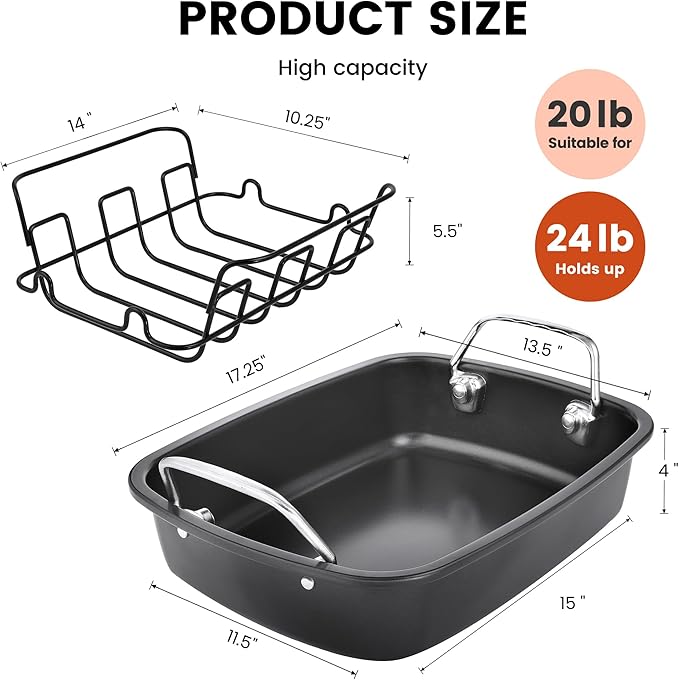 Nonstick Roasting Pan with Rack, Turkey Roasting Pan for Oven, Large Roaster Pan with Handle for Chicken, 17 X 13 Inch, Carbon Steel, Dark Grey