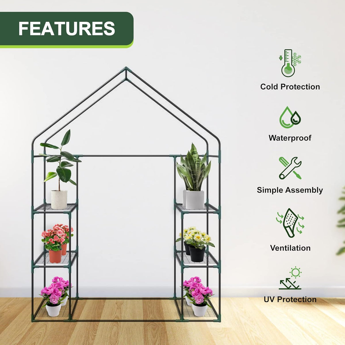 3 Tier 6 Shelves Mini Walk-in Greenhouse, 55.9 x 28.3 x 75.59 inch, Durable PE Cover Green House Kit with Anchors and Ropes, Outdoor Plant Gardening Hot House for Growing Vegetables, Flowers