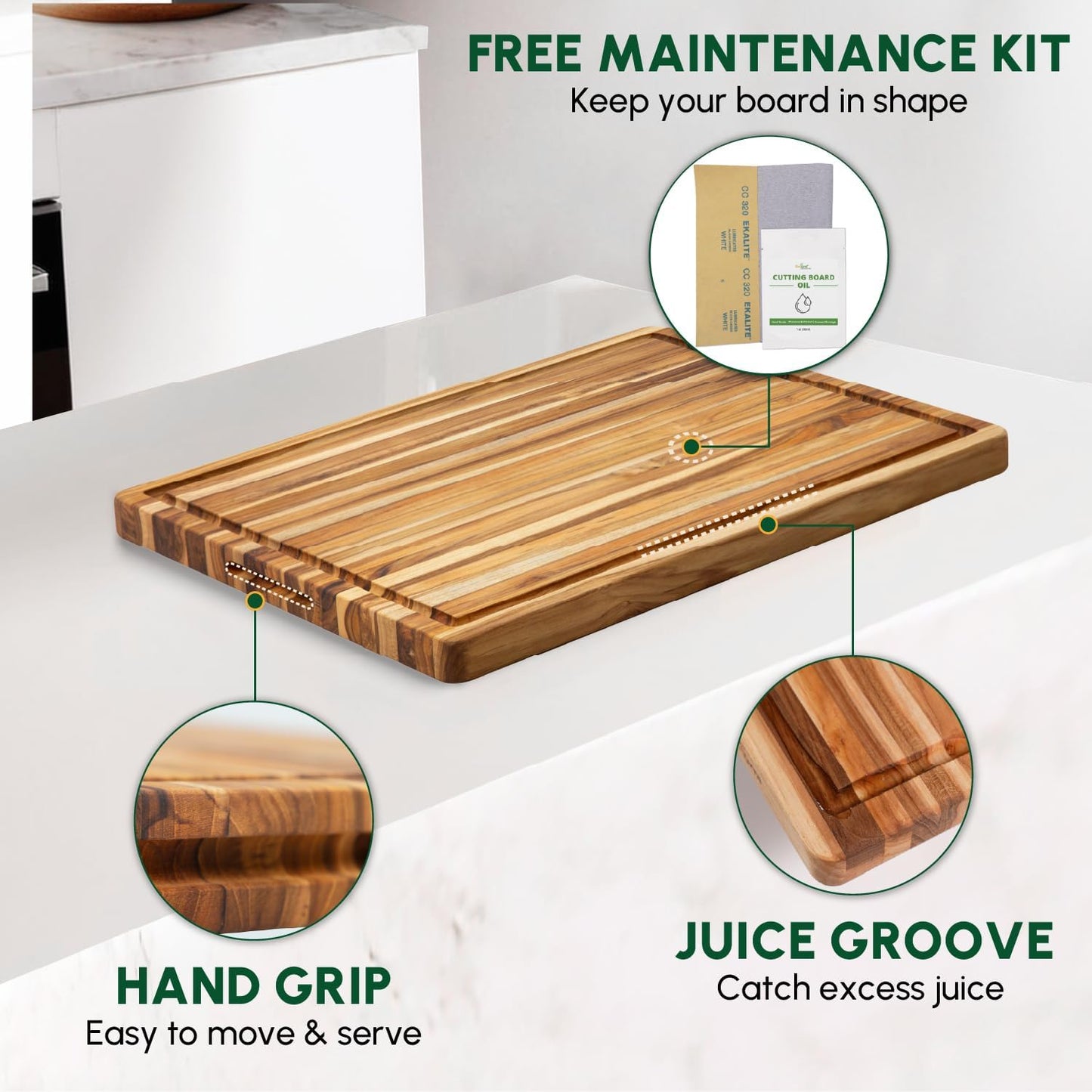 BEEFURNI Teak Wood Cutting Board with Juice Groove Hand Grip (XL, 24x18x1.5"), Wooden Cutting Board for Kitchen, Butcher Block, Charcuterie Boards, Christmas Gifts, 1-year Manufacturer Warranty