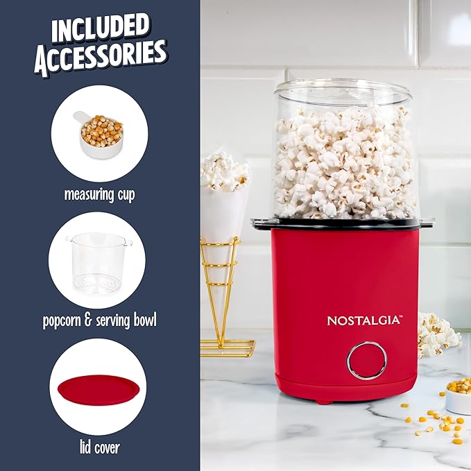 Nostalgia 8-Cup Hot Air Popcorn Maker & Bowl - 2-In-1 Bowl & Lid, 2 oz Measuring Cup - Oil-Free Pop Corn for Movie Night, Snacks, Birthday Parties, and More - Red