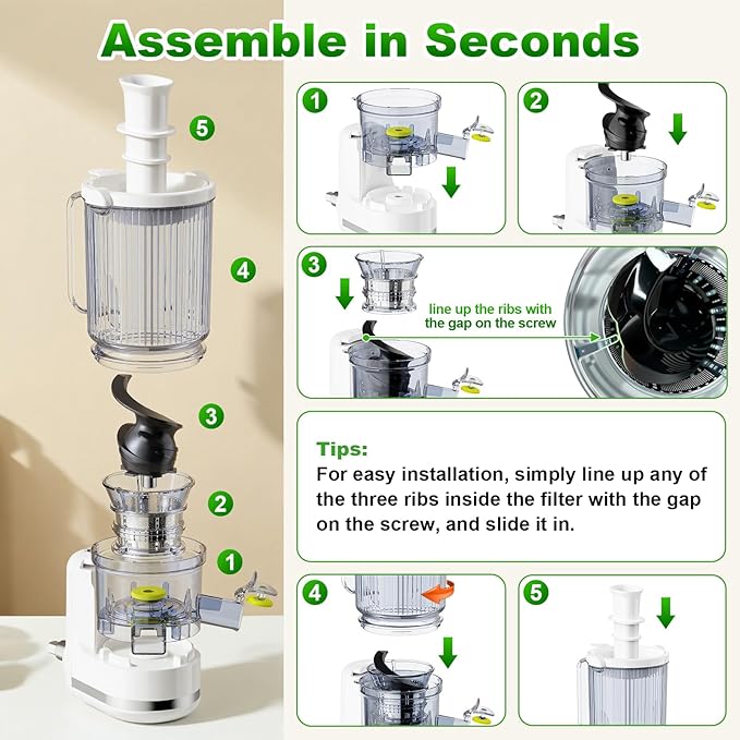 Masticating Juicer Attachment for KitchenAid Stand Mixer, 4.9" Large Feed Chute Fit Whole Vegetables & Fruits, Slow Cold Press Juicer Includes 2 * 32oz Capacity Cups, Juicer Attachment for Kitchen Ai