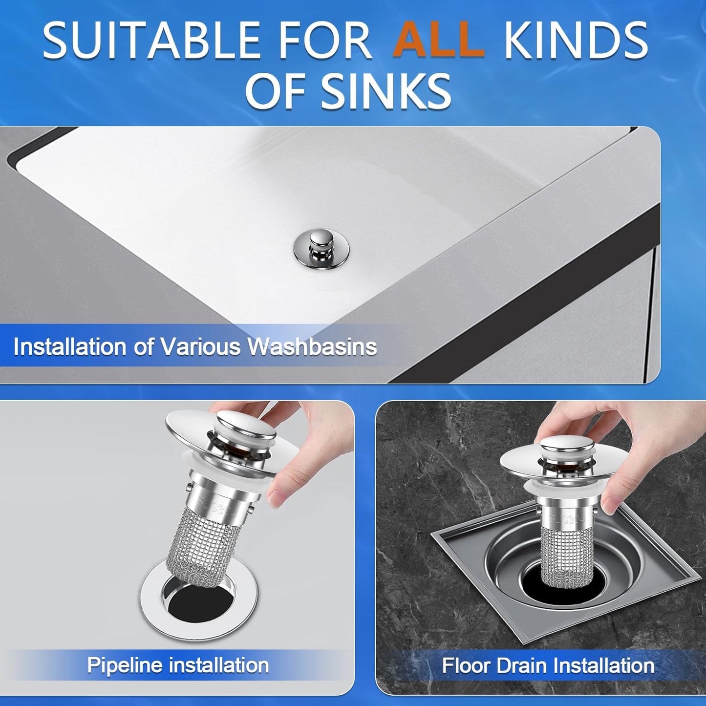 2PCS Sink Stopper Hair Catcher, Pop-up Sink Drain Strainer with Removable Stainless Steel Strainer Basket Hair Catcher, Bathroom Sink Strainer for Bathroom Sink Stopper Replacement.