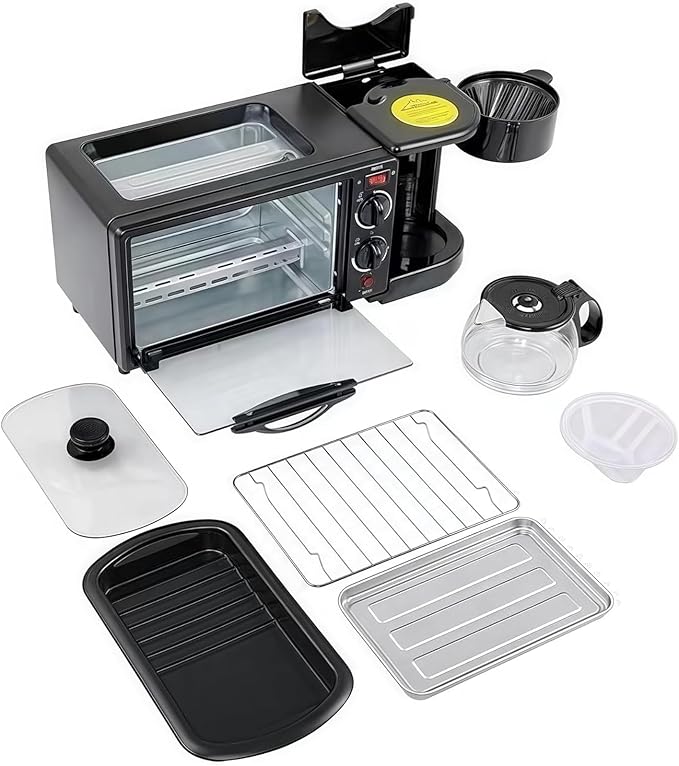 3-in-1 Breakfast Machine with Coffee Maker, Toaster, Non-Stick Griddle, Multi-Function Breakfast Machine with Timer, Kitchen Appliance Ideal for Apartments and Small Kitchens