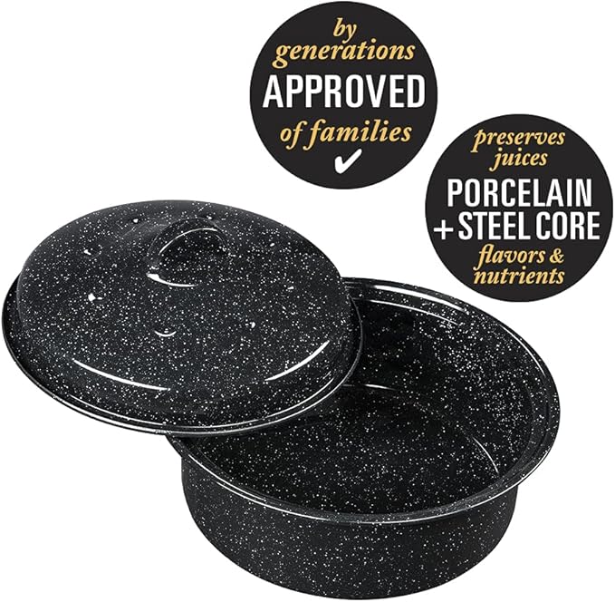 Granite Ware 8.7-Inch Small Covered Round Roaster, 3Lb Capacity – Mini Roaster Enamel Steel Cookware, Dishwasher Safe & PFOA-Free, Even Heat Distribution for Poultry, Meat, Vegetables (Speckled Black)