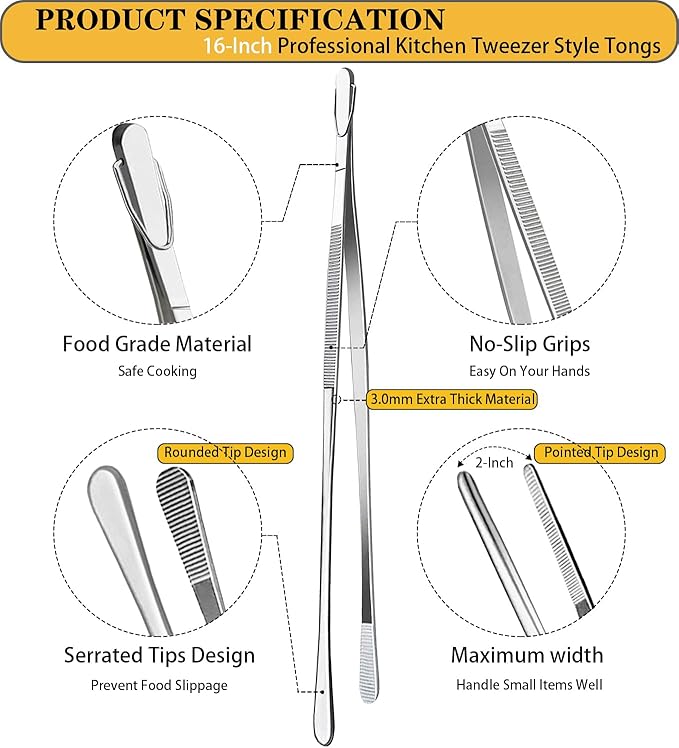 JETKONG 2 Pcs 16-Inch Food Tweezers Extra Long Kitchen Tweezer Tong Chopsticks Tongs Large Stainless Steel Cooking Tweezers (Round-Tips)