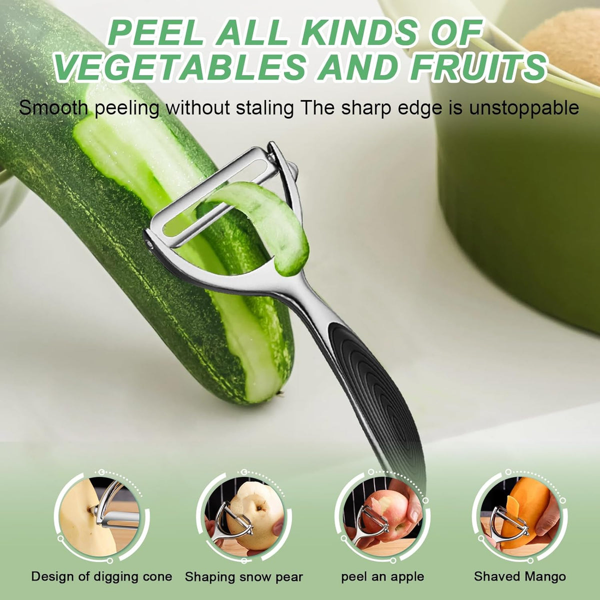 Vegetable Peeler - Stainless Steel Ultra Sharp Shape Potato Peelers, Non-Slip Soft Grip Handle, Y and I Effortless Carrot & Fruit Peeling 5-in-1 Peeler Set