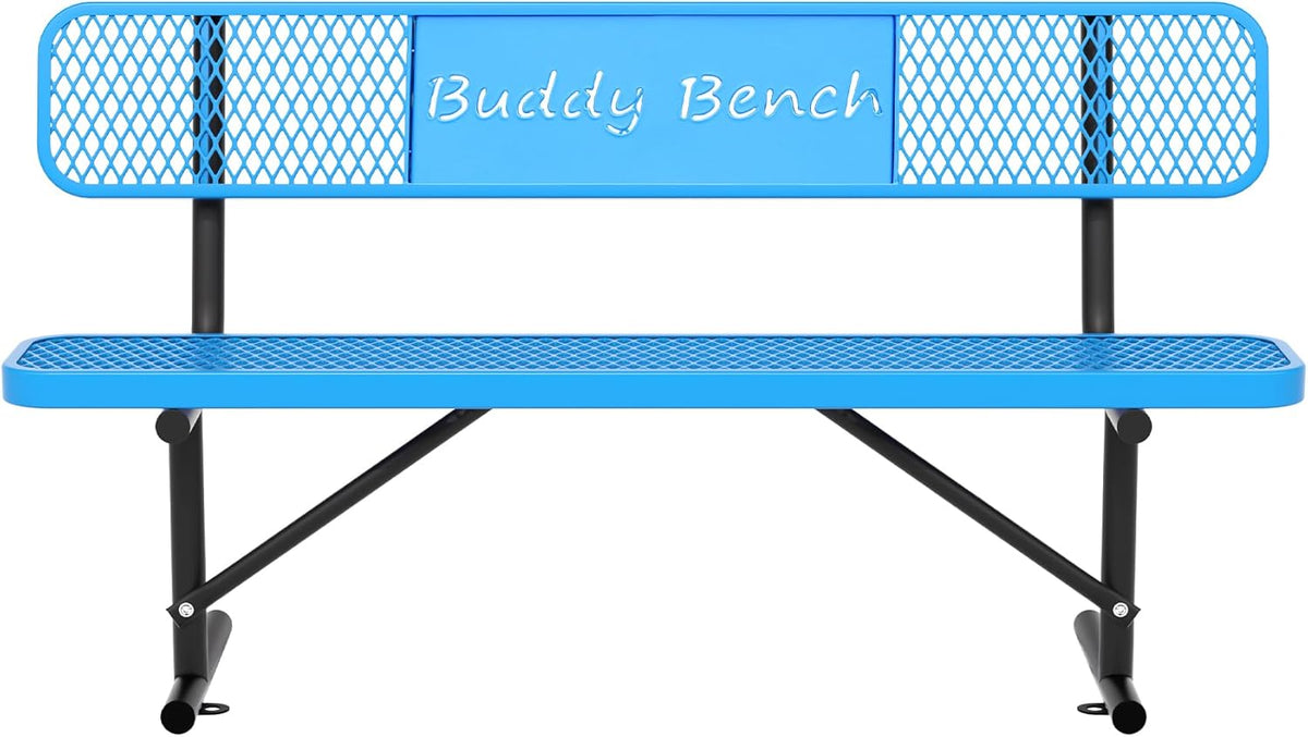 6 Feet Steel Park Bench for Outside, Outdoor Bench with Backrest & Portable Frame, Commercial Benches for Parks, School, Patio, Deck, Store,Blue