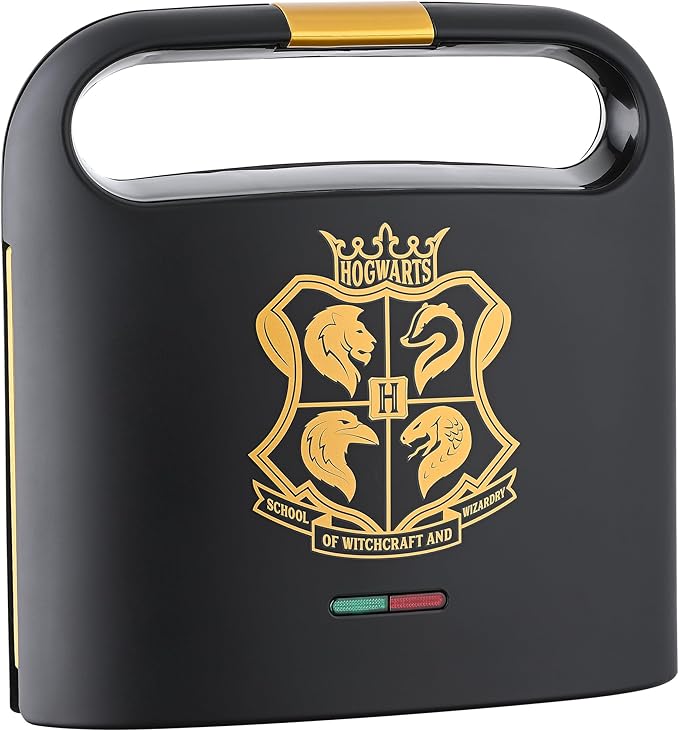 Warner Brothers Harry Potter Dual Sandwich Maker by Select Brands - Ceramic Coated Cooking Plates - Imprints Hogwarts Crest and Harry Potter Glasses on Toasted Sandwiches, Black and Gold, WBH-100SM