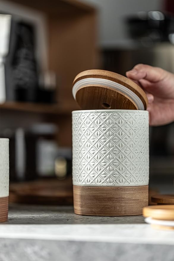 Miamolo Large Coffee Containers with Lids, Ceramic Coffee Canister Kitchen Food Storage Cookie Jars with Airtight Lid for Spice Sugar Tea Candy, Stackable Decorative Jars for Counter - White 28 fl.oz
