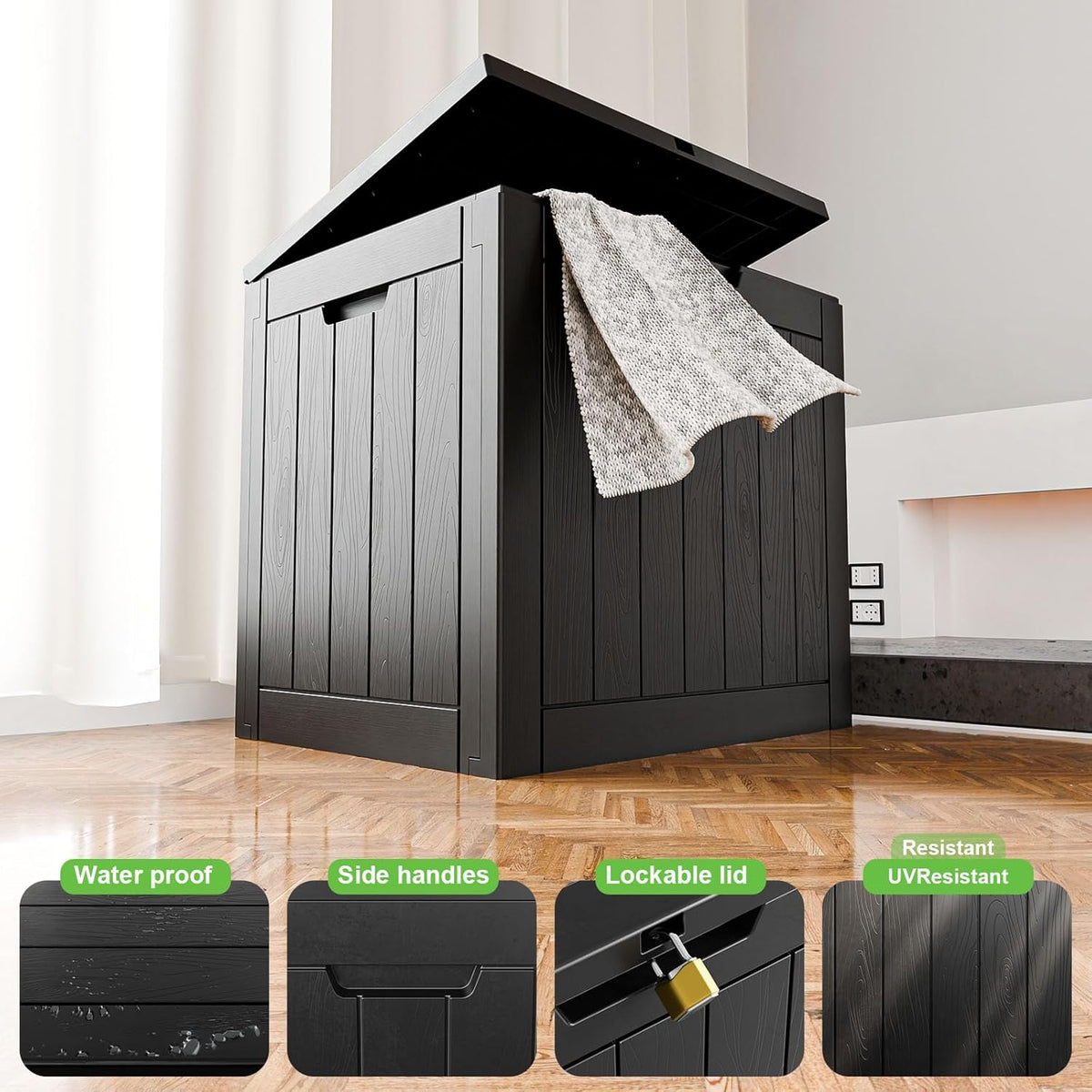 31 Gallon Waterproof Outdoor Storage Box,Resin Deck Box,Lockable Outside Storage Box Container for Patio Furniure,Garden (31 Gallon Black)