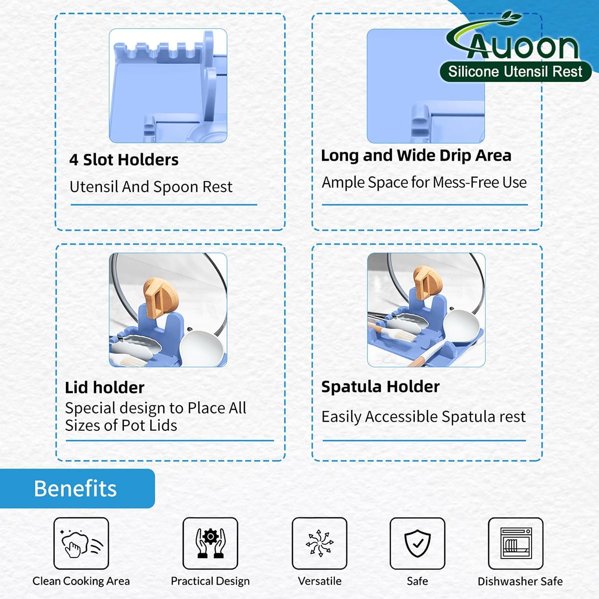 AUOON Spoon Holder for Stove - Silicone Spoon and Lid Rest with Drip Pad Kitchen Utensil Rest for Spoons, Ladles, Spatulas, Tongs & More (Blue Velvet, Large)