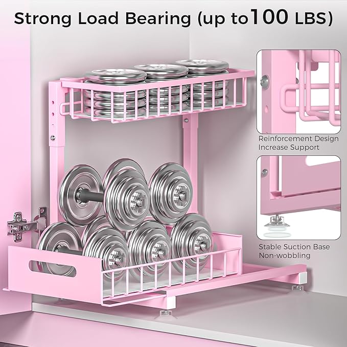 L-Shaped Under Sink Organizer, 2 Pack 2-Tier Pull Out Metal Kitchen Cabinet Organizer with Sliding Storage Drawer, Height Adjustable Heavy Duty Under Bathroom Sink Storage for Cleaning Supplies