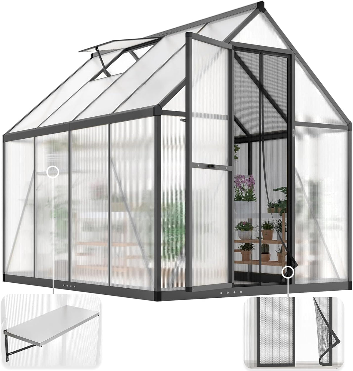 KING BIRD Greenhouse for Outdoors, 7.4x6 FT Polycarbonate Walk-in Green House, Quick-Setup Aluminum Frame UV Resistant Panel for Outside Garden Backyard W/ Lockable Screen Door, Vent, 2 Shelves, Black