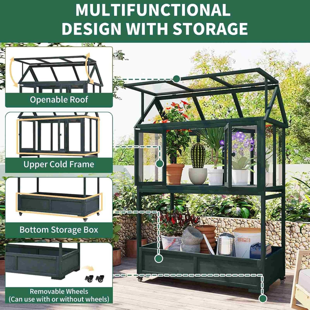 Wooden Cold Frame Greenhouse with Wheels, Portable Fir Garden Plant House with Storage Box, Openable Roof for Seedlings, Herbs, Winter Crops, Perfect for Patio, Balcony, Garden