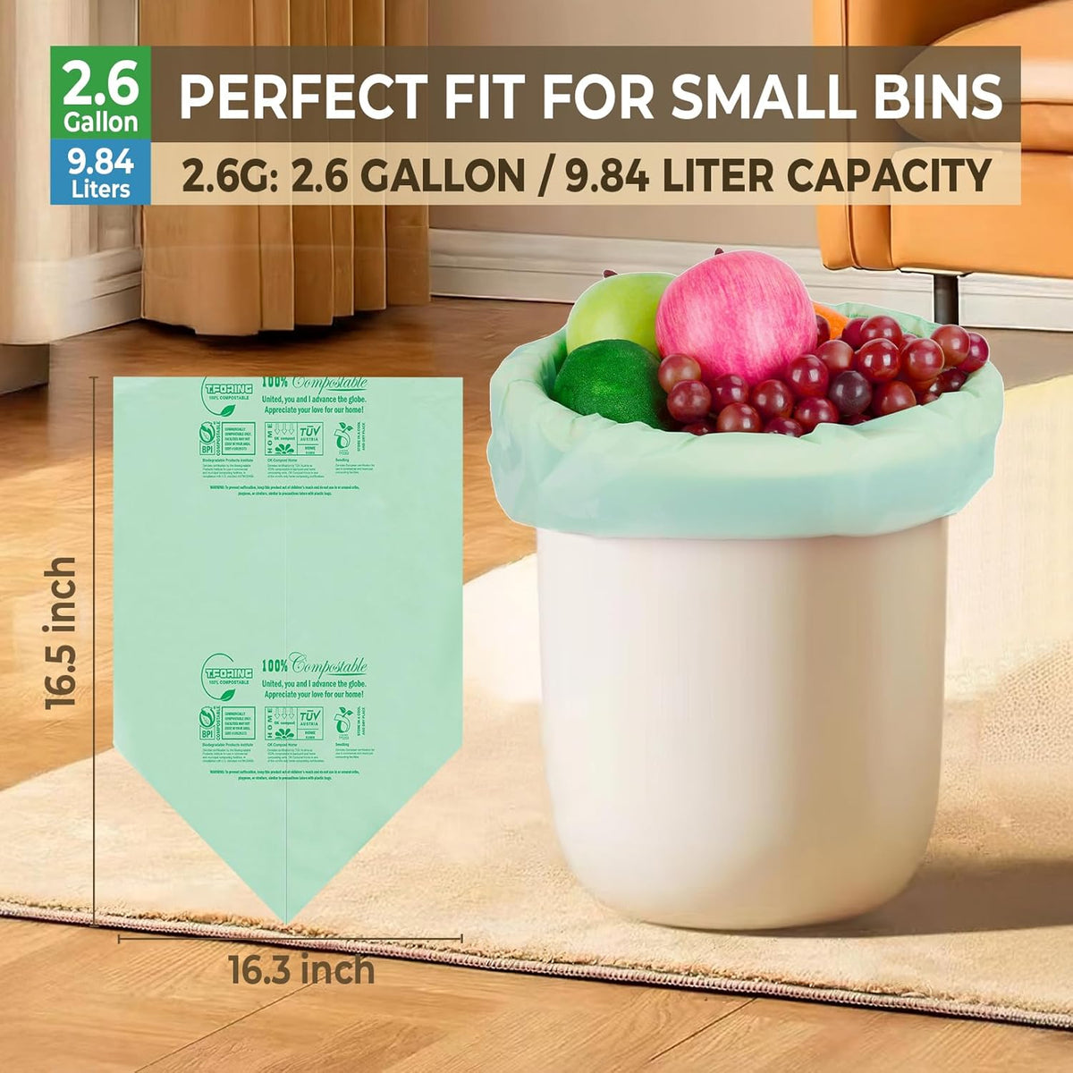 Small Compost Bags 2.6 Gallon - 80 Count 0.8 Mil Thick Compostable Trash Bags for Countertop Bin, ASTM D6400, US BPI, CMA and Europe OK compost HOME Certified