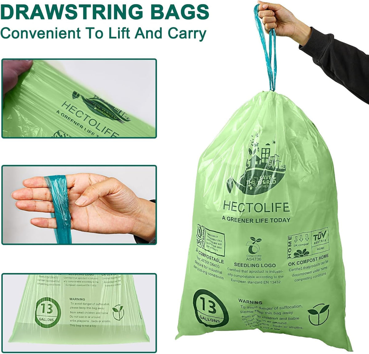 13 Gallon,100 Count, Compostable Trash Bags with Drawstring,Tear Resistant Kitchen Food Scrap Waste Bag, ASTM D6400, US BPI and Europe OK Compost Home Certified
